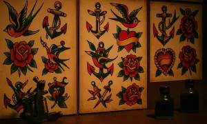 Diseños clásicos de tatuajes old school: anclas, rosas, corazones y golondrinas. Una máquina de tatuar y tintas completan la escena.