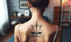 Tatuajes de balanza y equilibrio en la espalda de una mujer, simbolizando la armonía.