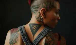 Mujer con un estilo único, mostrando su arte corporal con un impresionante **berlin tattoo** en la nuca y hombros.