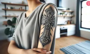 Tatuaje de cruz chicana detallado en el brazo de una persona.