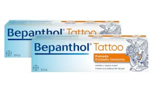 Bepanthol Tattoo: la segunda piel para tatuajes. Pomada de cuidado intensivo que hidrata, repara y preserva la belleza de tu arte.