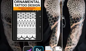 Diseños de tatuajes geométricos en un brazo, con patrones de hexágonos y estrellas. Incluye iconos de Procreate, Photoshop, PDF y PNG.