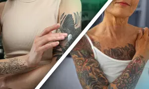 Comparación de tatuajes: una persona joven aplica crema en sus tatuajes, mientras que una mujer mayor muestra sus tatuajes envejecidos con orgullo.