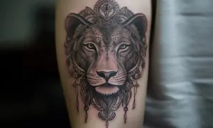 Un detallado tatuaje de leona con ornamentación tribal, símbolo de tatuajes de valentía y fortaleza.
