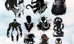 Colección de diseños de Venom, incluyendo siluetas, el personaje interactuando con Eddie Brock y un adorable Venom comiendo chocolate. Ideal para un tatuaje de Venom.