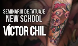 Seminario de Tatuaje New School con el arte de Víctor Chil. Un mono con cigarrillo y cuchillo, estilo vibrante.