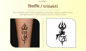 Tatuaje de trishula, damaru y Om, símbolos de energía positiva y equilibrio cósmico.