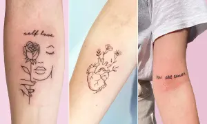 Tatuajes de fortaleza y amor propio: una rosa y rostro, un corazón con flores, y la frase "You ARE ENOUGH".