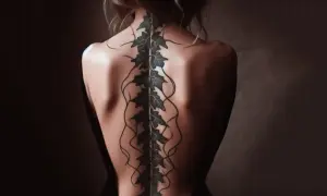 Tatuaje de enredadera con hojas en la columna vertebral de una mujer, evocando el significado elegante de los tatuajes de columna para mujer.