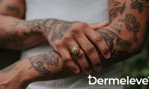 Brazo con tatuajes y un anillo con piedras oscuras. La piel luce sana, sin rastro de costra de tatuaje.