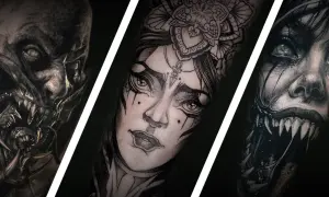 Tres impresionantes tatuajes neo japanese blackwork: un rostro demoníaco, una mujer con flores y una criatura aterradora.
