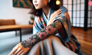 Brazos adornados con un intrincado tatuaje de flores y olas, estilo coreano, sobre un kimono azul.
