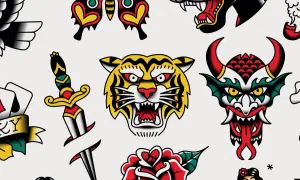 Un tigre rugiente, una rosa, un puñal y un demonio son parte de este diseño de tatuaje estilo old school, con un toque de tatuaje romania.
