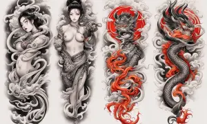 Diseños de tatuaje oriental: dos mujeres etéreas y un dragón feroz con un sol rojo.