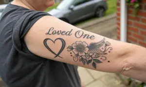 Tatuaje "Loved One" con un corazón, flores y un ala. Un recuerdo que hace que la persona sienta que su ser querido viva en Suecia.