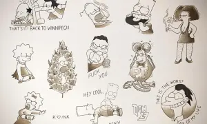 Diseños de tatuajes de Los Simpsons: Bart, Homer, Lisa y otros personajes icónicos en varias poses cómicas.