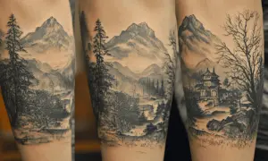 Tatuaje realista de paisaje montañoso con árboles y un templo asiático.