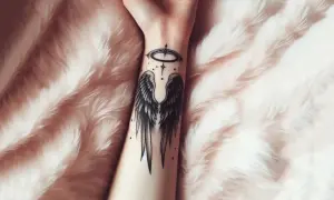 Un tattoo angel minimalista con alas y aureola en la muñeca, sobre un fondo de peluche rosa.