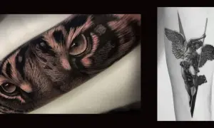 Tatuajes de naturaleza: un ojo de tigre realista y un ángel con alas.