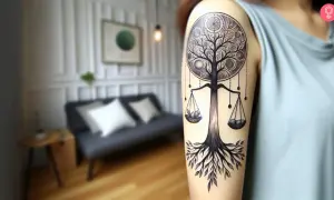 Tatuaje de árbol de la vida con balanza, simbolizando el equilibrio de la vida.