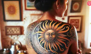 Tatuaje de sol y luna en la espalda, simbolizando el equilibrio y la energía vital. El sol, con su rostro sereno, representa el poder y la iluminación, un significado profundo para un tatuaje.