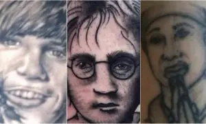 Tres retratos de tatuajes de fantasía: un joven sonriendo, Harry Potter con gafas y una persona rezando.