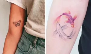 Mariposa y dos peces koi, símbolos de transformación y resiliencia, perfectos tatuajes de superación.