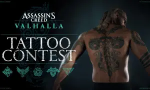 Un guerrero vikingo muestra su impresionante tatuaje en la espalda, un símbolo de fuerza y honor, en el concurso de tatuajes de Assassin's Creed Valhalla.