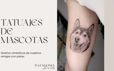 Un tatuaje de perro realista en un brazo, con el texto "Tatuajes de Mascotas" y "Patagonia Art & Tattoo".