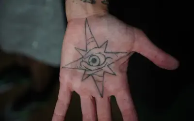 Un ojo dentro de una estrella de ocho puntas, un diseño de tatuajes minimalistas en la palma de la mano.