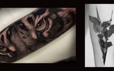 Tatuajes de naturaleza: un ojo de tigre realista y un ángel con alas.