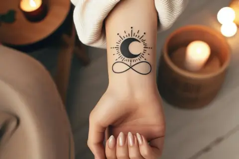 Tatuaje de luna y sol con símbolo de infinito, evocando el tatuaje universo significado.