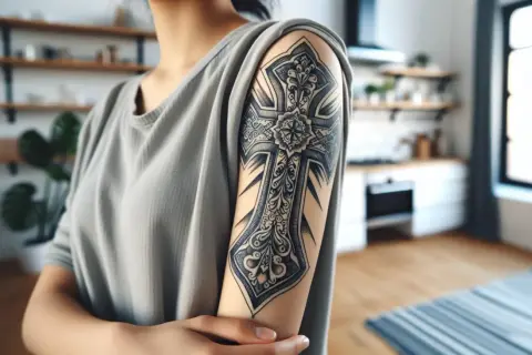 Tatuaje de cruz chicana detallado en el brazo de una persona.