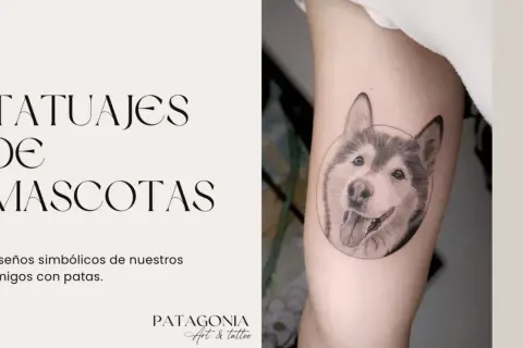 Un tatuaje de perro realista en un brazo, con el texto "Tatuajes de Mascotas" y "Patagonia Art & Tattoo".