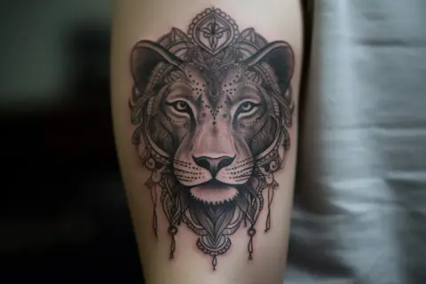 Un detallado tatuaje de leona con ornamentación tribal, símbolo de tatuajes de valentía y fortaleza.
