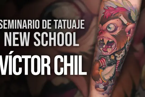 Seminario de Tatuaje New School con el arte de Víctor Chil. Un mono con cigarrillo y cuchillo, estilo vibrante.