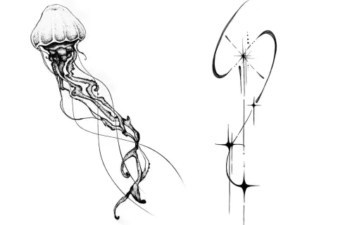 Medusa y estrellas en estilo avant garde tattoo.