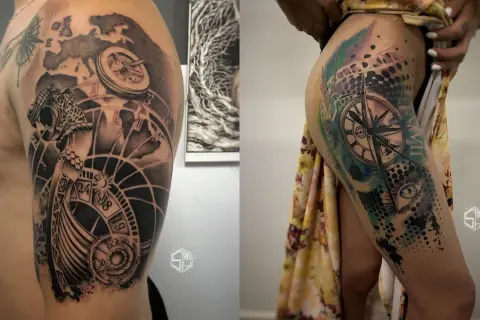 Tatuaje realismo en brazo y muslo con brújulas, mapas y un ojo.