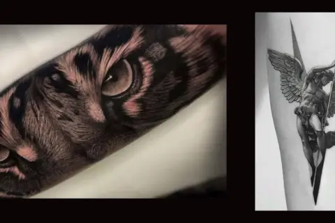 Tatuajes de naturaleza: un ojo de tigre realista y un ángel con alas.