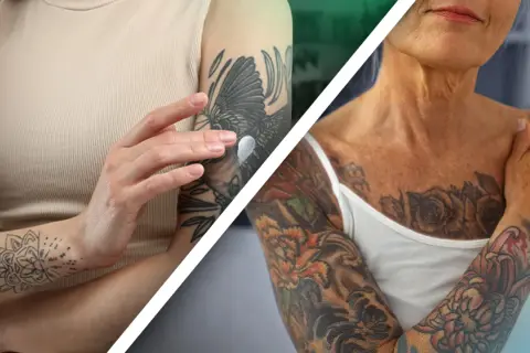 Manos con tatuajes, una aplicando crema, la otra mostrando arte corporal. Inspirado por Ryan Ashley Malarkey.