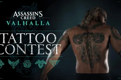 Un guerrero vikingo muestra su impresionante tatuaje en la espalda, un símbolo de fuerza y honor, en el concurso de tatuajes de Assassin's Creed Valhalla.