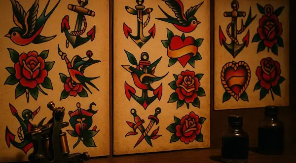 Diseños clásicos de tatuajes old school: anclas, rosas, corazones y golondrinas. Una máquina de tatuar y tintas completan la escena.