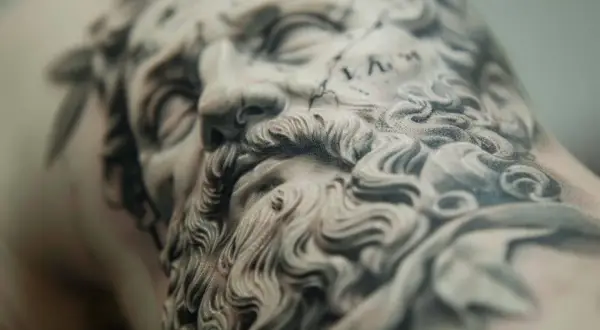 Detalle de un tatuaje de microrealismo conceptual de un rostro clásico con barba rizada y corona de laurel.