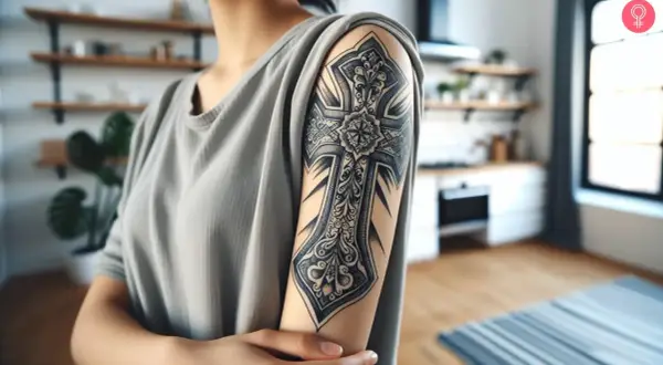 Tatuaje de cruz chicana detallado en el brazo de una persona.