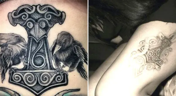 Tatuajes del martillo de Thor con cuervos y runas, simbolizando fuerza y protección. El martillo de Thor tatuaje significado es poder y valentía.
