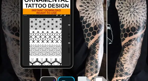 Diseños de tatuajes geométricos en un brazo, con patrones de hexágonos y estrellas. Incluye iconos de Procreate, Photoshop, PDF y PNG.