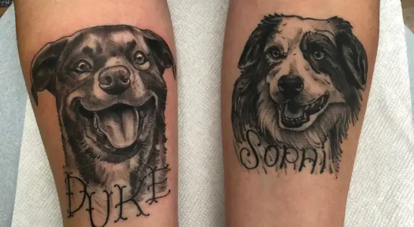 Dos tatuajes realistas de perros, "Duke" y "Sophia", en brazos.
