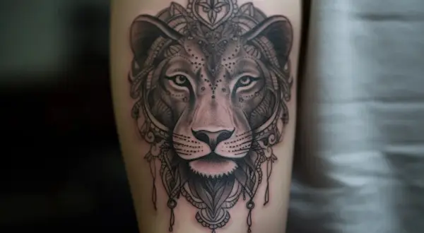 Un detallado tatuaje de leona con ornamentación tribal, símbolo de tatuajes de valentía y fortaleza.