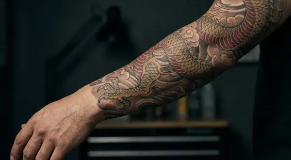 Brazo con tatuajes de dragones, simbolizando fuerza y sabiduría. El diseño detallado muestra escamas doradas y rojas, garras afiladas y nubes estilizadas, reflejando el profundo significado de los tatuajes de dragones.