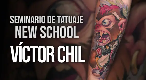Seminario de Tatuaje New School con el arte de Víctor Chil. Un mono con cigarrillo y cuchillo, estilo vibrante.